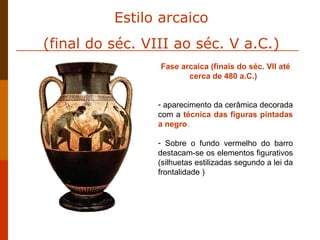 Fase arcaica (finais do séc. VII até cerca de 480 a.C.)  aparecimento da cerâmica decorada com a   técnica das figuras pintadas a negro .   Sobre o fundo vermelho do barro destacam-se os elementos figurativos (silhuetas estilizadas segundo a lei da frontalidade )  Estilo arcaico (final do séc. VIII ao séc. V a.C.) 