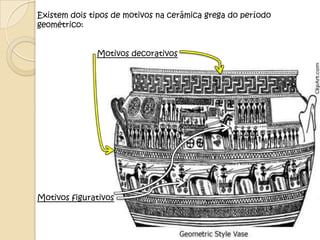 Existem dois tipos de motivos na cerâmica grega do período
geométrico:


              Motivos decorativos




Motivos figurativos
 