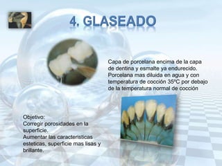 5. Infiltración vítrea:
• Se mezcla polvo vítreo según el
color del diente con agua destilada
y se aplica sobre estructura...
