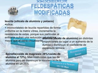 alúmina (óxido de aluminio) en distintas
proporciones da lugar a un aumento de la
dureza y disminuye el coeficiente de
expansión térmica.
leucita (silicato de aluminio y potasio)
<sílice.
+ microcristales de leucita repartidas de forma
uniforme en la matriz vítrea, incrementa la
resistencia de estas. porque sus partículas al
enfriarse sufren una reducción volumétrica
mayor que el vidrio circundante
Spinella(oxido de magnesio 28%+oxido de
alumina al 72%). Mas traslucidas que las de
alumina pero se disminuye la resistencia de la
alumina en un 25%
 