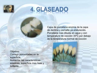 Capa de porcelana encima de la capa
de dentina y esmalte ya endurecido.
Porcelana mas diluida en agua y con
temperatura de cocción 35ºC por debajo
de la temperatura normal de cocción
Objetivo:
Corregir porosidades en la
superficie.
Aumentar las caracteristicas
esteticas, superficie mas lisas y
brillante.
 