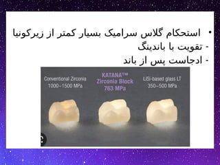 •
‫زیرکونیا‬ ‫از‬ ‫کمتر‬ ‫بسیار‬ ‫سرامیک‬ ‫گالس‬ ‫استحکام‬
-
‫باندینگ‬ ‫با‬ ‫تقویت‬
-
‫باند‬ ‫از‬ ‫پس‬ ‫ادجاست‬
 