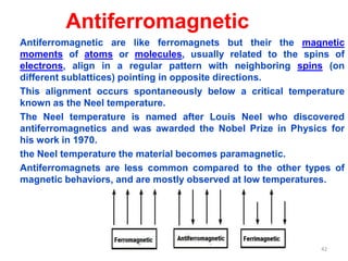Antiferromagnetic
Antiferromagnetic are like ferromagnets but their the magnetic
moments of atoms or molecules, usually related to the spins of
electrons, align in a regular pattern with neighboring spins (on
different sublattices) pointing in opposite directions.
This alignment occurs spontaneously below a critical temperature
known as the Neel temperature.
The Neel temperature is named after Louis Neel who discovered
antiferromagnetics and was awarded the Nobel Prize in Physics for
his work in 1970.
the Neel temperature the material becomes paramagnetic.
Antiferromagnets are less common compared to the other types of
magnetic behaviors, and are mostly observed at low temperatures.
42
 