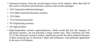 • Advanced ceramics form the second largest sector of the industry. More than half of
this sector is electrical and electronic ceramics and ceramic packages:
• 36% Capacitors/substrates/packages
• 23% Other electrical/electronic ceramics
• 13% Other
• 12% Electrical porcelain
• 8% Engineering ceramics
• 8% Optical fibers
• High-temperature ceramic superconductors, which would fall into the category of
advanced ceramics, are not presently a major market area. They constitute less than
1% of the advanced ceramics market. Significant growth has been predicted because
of their increased use in microwave filters and resonators, with particular application
in the area of cell phones.
 