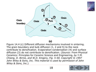 18
Figure 14.4 (c) Different diffusion mechanisms involved in sintering.
The grain boundary and bulk diffusion (1, 2 and 5) to the neck
contribute to densification. Evaporation-condensation (4) and surface
diffusion (3) do not contribute to densification. (Source: From Physical
Ceramics: Principles for Ceramic Science and Engineering, by Y.M.
Chiang, D. Birnie, and W.D. Kingery, Fig. 5-40. Copyright © 1997
John Wiley & Sons, Inc. This material is used by permission of John
Wiley & Sons, Inc.)
 