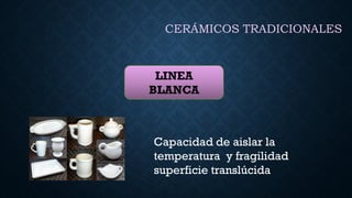LINEA
BLANCA
CERÁMICOS TRADICIONALES
Capacidad de aislar la
temperatura y fragilidad
superficie translúcida
 