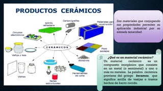 Son materiales que conjugando
sus propiedades permiten su
aplicación industrial por su
elevada tenacidad.
¿Qué es un material cerámico?
Un material cerámico es un
compuesto inorgánico que consiste
en un metal (o semimetal) y uno o
más no metales. La palabra cerámica
proviene del griego keramos, que
significa arcilla de vasijas o trastos
hechos de barro cocido.
 