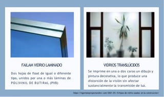 FAILAM VIDRIO LAMINADO
Dos hojas de float de igual o diferente
tipo, unidos por una o más láminas de
POLIVINIL DE BUTIRAL (PVB)
VIDRIOS TRANSLÚCIDOS
Se imprime en una o dos caras un dibujo y
pintura decorativa, lo que produce una
distorsión de la visión sin afectar
sustancialmente la transmisión de luz.
https://ingeniateproyectandorv.com/2021-05 -13/tipos-de-vidrio-usados- en-la-construccion/
 