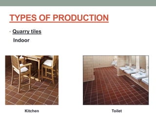 TYPES OF PRODUCTION
• Quarry tiles
Indoor
Kitchen Toilet
 