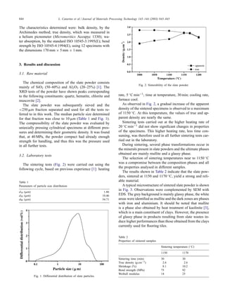 844 L. Catarino et al. / Journal of Materials Processing Technology 143–144 (2003) 843–845
The characteristics determined were: bulk density, by the
Archimedes method; true density, which was measured in
a helium picnometer (Micromeritics Accupyc 1330); wa-
ter absorption, by the standard ISO 10545-3:1995(E); bend
strength by ISO 10545-4:1994(E), using 12 specimens with
the dimensions 170 mm × 5 mm × 1 mm.
3. Results and discussion
3.1. Raw material
The chemical composition of the slate powder consists
mainly of SiO2 (50–60%) and Al2O3 (20–25%) [1]. The
XRD tests of the powder have shown peaks corresponding
to the following constituents: quartz, hematite, chlorite and
muscovite [2].
The slate powder was subsequently sieved and the
<250 ␮m fraction separated and used for all the tests re-
ferred to in this work. The median particle size determined
for that fraction was close to 10 ␮m (Table 1 and Fig. 1).
The compressibility of the slate powder was evaluated by
uniaxially pressing cylindrical specimens at different pres-
sures and determining their geometric density. It was found
that, at 40 MPa, the powder compact had already enough
strength for handling, and thus this was the pressure used
in all further tests.
3.2. Laboratory tests
The sintering tests (Fig. 2) were carried out using the
following cycle, based on previous experience [1]: heating
Table 1
Parameters of particle size distribution
d10 (␮m) 1.86
d50 (␮m) 10.46
d90 (␮m) 54.71
Fig. 1. Differential distribution of slate particles.
Fig. 2. Sinterability of the slate powder.
rate, 5 ◦C min−1; time at temperature, 30 min; cooling rate,
furnace cool.
As observed in Fig. 2, a gradual increase of the apparent
density of the sintered specimens is observed to a maximum
of 1150 ◦C. At this temperature, the values of true and ap-
parent density are nearly the same.
Sintering tests carried out at the higher heating rate of
20 ◦C min−1 did not show significant changes in properties
of the specimens. This higher heating rate, less time con-
suming, was therefore used in all further sintering tests car-
ried out in the laboratory.
During sintering, several phase transformations occur in
the minerals present in slate powders and the ultimate phases
obtained are mainly mullite and a glassy phase.
The selection of sintering temperatures near to 1150 ◦C
was a compromise between the composition phases and all
the properties analysed in different samples.
The results shown in Table 2 indicate that the slate pow-
ders, sintered at 1150 and 1170 ◦C, yield a strong and reli-
able material.
A typical microstructure of sintered slate powder is shown
in Fig. 3. Observations were complemented by SEM with
EDS. The grey background is mainly glassy phase, the white
areas were identified as mullite and the dark zones are phases
with iron and aluminium. It should be noted that mullite
is a phase also obtained by heat treatment of kaolinite [3],
which is a main constituent of clays. However, the presence
of glassy phase in products resulting from slate wastes in-
duce higher performances than those obtained from the clays
currently used for flooring tiles.
Table 2
Properties of sintered samples
Sintering temperature (◦C)
1150 1170
Sintering time (min) 30 30
True density (g cm−3) 2.6 2.6
Shrinkage (%) 8.1 10.2
Bend strength (MPa) 75 92
Weibull modulus 14 25
 