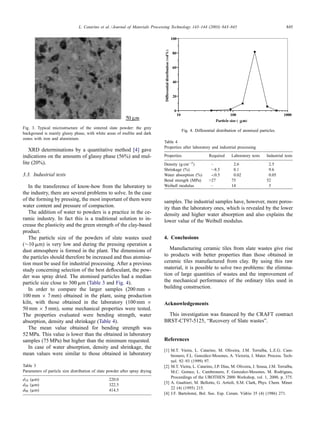 L. Catarino et al. / Journal of Materials Processing Technology 143–144 (2003) 843–845 845
Fig. 3. Typical microstructure of the sintered slate powder: the grey
background is mainly glassy phase, with white areas of mullite and dark
zones with iron and aluminium.
XRD determinations by a quantitative method [4] gave
indications on the amounts of glassy phase (56%) and mul-
lite (20%).
3.3. Industrial tests
In the transference of know-how from the laboratory to
the industry, there are several problems to solve. In the case
of the forming by pressing, the most important of them were
water content and pressure of compaction.
The addition of water to powders is a practice in the ce-
ramic industry. In fact this is a traditional solution to in-
crease the plasticity and the green strength of the clay-based
product.
The particle size of the powders of slate wastes used
(∼10 ␮m) is very low and during the pressing operation a
dust atmosphere is formed in the plant. The dimensions of
the particles should therefore be increased and thus atomisa-
tion must be used for industrial processing. After a previous
study concerning selection of the best defloculant, the pow-
der was spray dried. The atomised particles had a median
particle size close to 300 ␮m (Table 3 and Fig. 4).
In order to compare the larger samples (200 mm ×
100 mm × 7 mm) obtained in the plant, using production
kiln, with those obtained in the laboratory (100 mm ×
50 mm × 5 mm), some mechanical properties were tested.
The properties evaluated were bending strength, water
absorption, density and shrinkage (Table 4).
The mean value obtained for bending strength was
52 MPa. This value is lower than the obtained in laboratory
samples (75 MPa) but higher than the minimum requested.
In case of water absorption, density and shrinkage, the
mean values were similar to those obtained in laboratory
Table 3
Parameters of particle size distribution of slate powder after spray drying
d10 (␮m) 220.0
d50 (␮m) 322.5
d90 (␮m) 414.5
Fig. 4. Differential distribution of atomised particles.
Table 4
Properties after laboratory and industrial processing
Properties Required Laboratory tests Industrial tests
Density (g cm−3) – 2.6 2.5
Shrinkage (%) ∼8.5 8.1 9.6
Water absorption (%) <0.5 0.02 0.05
Bend strength (MPa) >27 75 52
Weibull modulus – 14 5
samples. The industrial samples have, however, more poros-
ity than the laboratory ones, which is revealed by the lower
density and higher water absorption and also explains the
lower value of the Weibull modulus.
4. Conclusions
Manufacturing ceramic tiles from slate wastes give rise
to products with better properties than those obtained in
ceramic tiles manufactured from clay. By using this raw
material, it is possible to solve two problems: the elimina-
tion of large quantities of wastes and the improvement of
the mechanical performance of the ordinary tiles used in
building construction.
Acknowledgements
This investigation was financed by the CRAFT contract
BRST-CT97-5125, “Recovery of Slate wastes”.
References
[1] M.T. Vieira, L. Catarino, M. Oliveira, J.M. Torralba, L.E.G. Cam-
bronero, F.L. González-Mesones, A. Victoria, J. Mater. Process. Tech-
nol. 92–93 (1999) 97.
[2] M.T. Vieira, L. Catarino, J.P. Dias, M. Oliveira, J. Sousa, J.M. Torralba,
M.C. Gomez, L. Cambronero, F. Gonzalez-Mesones, M. Rodrigues,
Proceedings of the UROTHEN 2000 Workshop, vol. 1, 2000, p. 375.
[3] A. Gualtieri, M. Bellotto, G. Artioli, S.M. Clark, Phys. Chem. Miner.
22 (4) (1995) 215.
[4] J.F. Bartolomé, Bol. Soc. Esp. Ceram. Vı́drio 35 (4) (1986) 271.
 