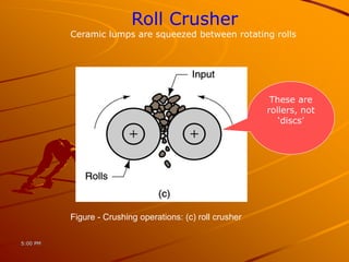 5:00 PM
Roll Crusher
Ceramic lumps are squeezed between rotating rolls
These are
rollers, not
‘discs’
Figure - Crushing operations: (c) roll crusher
 