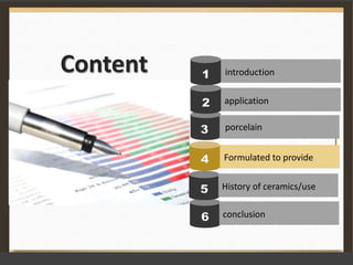 Content
4 Formulated to provide
3 porcelain
2 application
1 introduction
6 conclusion
5 History of ceramics/use
 