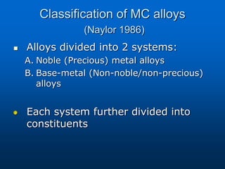 Classification of MC alloys
(Naylor 1986)
 Alloys divided into 2 systems:
A. Noble (Precious) metal alloys
B. Base-metal (Non-noble/non-precious)
alloys
Each system further divided into
constituents
 