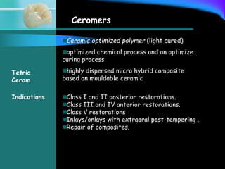 Ceromers
Ceramic optimized polymer (light cured)
optimized chemical process and an optimize
curing process
highly dispersed micro hybrid composite
based on mouldable ceramic
Class I and II posterior restorations.
Class III and IV anterior restorations.
Class V restorations
Inlays/onlays with extraoral post-tempering .
Repair of composites.
Tetric
Ceram
Indications
 