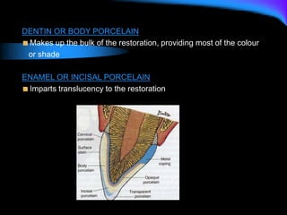 DENTIN OR BODY PORCELAIN
Makes up the bulk of the restoration, providing most of the colour
or shade
ENAMEL OR INCISAL PORCELAIN
Imparts translucency to the restoration
 