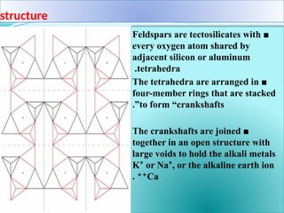 structure
■
Feldspars are tectosilicates with
every oxygen atom shared by
adjacent silicon or aluminum
tetrahedra
.
■
The tetrahedra are arranged in
four-member rings that are stacked
to form “crankshafts
.”
■
The crankshafts are joined
together in an open structure with
large voids to hold the alkali metals
K or Na , or the alkaline earth ion
⁺ ⁺
Ca
. ⁺⁺
 