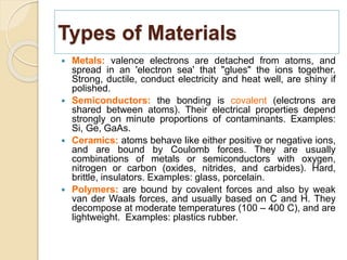 Types of Materials
 Metals: valence electrons are detached from atoms, and
spread in an 'electron sea' that "glues" the ions together.
Strong, ductile, conduct electricity and heat well, are shiny if
polished.
 Semiconductors: the bonding is covalent (electrons are
shared between atoms). Their electrical properties depend
strongly on minute proportions of contaminants. Examples:
Si, Ge, GaAs.
 Ceramics: atoms behave like either positive or negative ions,
and are bound by Coulomb forces. They are usually
combinations of metals or semiconductors with oxygen,
nitrogen or carbon (oxides, nitrides, and carbides). Hard,
brittle, insulators. Examples: glass, porcelain.
 Polymers: are bound by covalent forces and also by weak
van der Waals forces, and usually based on C and H. They
decompose at moderate temperatures (100 – 400 C), and are
lightweight. Examples: plastics rubber.
 