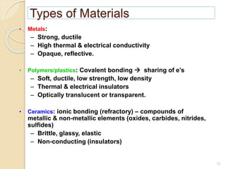 Types of Materials
11
• Metals:
– Strong, ductile
– High thermal & electrical conductivity
– Opaque, reflective.
• Polymers/plastics: Covalent bonding  sharing of e’s
– Soft, ductile, low strength, low density
– Thermal & electrical insulators
– Optically translucent or transparent.
• Ceramics: ionic bonding (refractory) – compounds of
metallic & non-metallic elements (oxides, carbides, nitrides,
sulfides)
– Brittle, glassy, elastic
– Non-conducting (insulators)
 