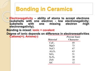 Bonding in Ceramics
 Electronegativity – ability of atoms to accept electrons
(subshells with one electron - low electronegativity;
subshells with one missing electron -high
electronegativity).
Bonding is mixed: ionic + covalent
Degree of ionic depends on difference in electronegativities
Cations(+); Anions(-)
 