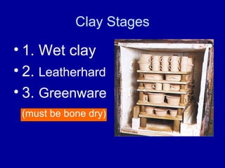 Clay Stages

• 1. Wet clay
• 2. Leatherhard
• 3. Greenware
 (must be bone dry)
 