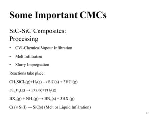 Some Important CMCs
SiC-SiC Composites:
Processing:
• CVI-Chemical Vapour Infiltration
• Melt Infiltration
• Slurry Impregnation
Reactions take place:
CH3SiCl3(g)+H2(g) → SiC(s) + 3HCl(g)
2CxHy(g) → 2xC(s)+yH2(g)
BX3(g) + NH3(g) → BNx(s) + 3HX (g)
C(s)+Si(l) → SiC(s) (Melt or Liquid Infiltration)
17
 