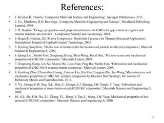 References:
• 1. Krishan K. Chawla, ‘Composite Materials Science and Engineering’, Springer Publications, 2011.
• 2. F.L. Matthews, R.D. Rawlings, ‘Composite Materials Engineering and Science’, Woodhead Publishing
Limited, 1999.
• 3. R. Naslain, ‘Design, preparation and properties of non-oxide CMCs for application in engines and
nuclear reactors: an overview’, Composites Science and Technology, 2004.
• 4. Roger R. Naslain, SiC-Matrix Composites: Nonbrittle Ceramics for Thermo-Structural Application’,
International Journal of Applied Ceramic Technology, 2005.
• 5. Hyoung Seop Kim, ‘On the rule of mixtures for the hardness of particle reinforced composites’, Material
Science & Engineering A, 2000.
• 6. Qiang Liu , Wenbo Han, Xinghong Zhang, Shuo Wang, Jiecai Han, ‘Microstructure and mechanical
properties of ZrB2-SiC composites’, Materials Letters, 2009.
• 7. Xinghong Zhang, Lin Xu, Shanyi Du, Jiecai Han, Ping Hu, Wenbo Han, ‘Fabrication and mechanical
properties of ZrB2–SiCw ceramic matrix composite’, Materials Letters, 2008.
• 8. Guolong Zhao, Chuanzhen Huang , Hanlian Liu, Bin Zou, Hongtao Zhu, Jun Wang,‘Microstructure and
mechanical properties of TiB2–SiC ceramic composites by Reactive Hot Pressing’, Int. Journal of
Refractory Metals and Hard Materials, 2014.
• 9. Y.L. Donga, F.M. Xua, X.L. Shia, C. Zhanga, Z.J. Zhanga, J.M. Yangb, Y. Tana, ‘Fabrication and
mechanical properties of nano-/micro-sized Al2O3/SiC composites’, Materials Science and Engineering A,
2009.
• 10. X.L. Shi, F.M. Xu, Z.J. Zhang, Y.L. Dong, Y. Tan, L. Wang, J.M. Yang, Mechanical properties of hot-
pressed Al2O3/SiC composites’, Materials Science and Engineering A, 2010.
28
 