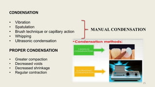 CONDENSATION
• Vibration
• Spatulation
• Brush technique or capillary action
• Whipping
• Ultrasonic condensation
PROPER CONDENSATION
• Greater compaction
• Decreased voids
• Decreased shrinkage
• Regular contraction
MANUAL CONDENSATION
25
 