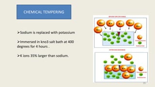 CHEMICAL TEMPERING
Sodium is replaced with potassium
Immersed in kno3 salt bath at 400
degrees for 4 hours .
K ions 35% larger than sodium.
35
 