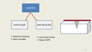 AUTO GLAZE ADD ON GLAZE
 Low fusion temp
 EquaL COTE
 Selective heating
 More durable
GLAZING
37
 