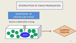 DISPERSION OF
CRYSTALLINE PHASE
Al2O3
ALUMINOUS
PORCELAIN
Alumina is added which is strong.
INTERRUPTION OF CRACK PROPAGATION
38
 