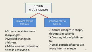 DESIGN
MODIFICATION
Stress concentration at
sharp angles.
Marked changes in
thickness.
Metal ceramic restoration
helps in achieving it.
Abrupt changes in shape/
thickness in ceramic
Creases/folds of platinum
foil
Small particle of porcelain
along internal margin
MINIMISE TENSILE
STRESSES
REDUCING STRESS
RAISERS
40
 