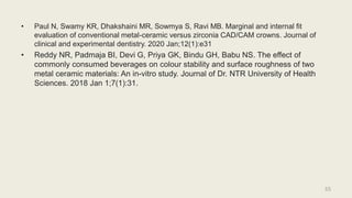 • Paul N, Swamy KR, Dhakshaini MR, Sowmya S, Ravi MB. Marginal and internal fit
evaluation of conventional metal-ceramic versus zirconia CAD/CAM crowns. Journal of
clinical and experimental dentistry. 2020 Jan;12(1):e31
• Reddy NR, Padmaja BI, Devi G, Priya GK, Bindu GH, Babu NS. The effect of
commonly consumed beverages on colour stability and surface roughness of two
metal ceramic materials: An in-vitro study. Journal of Dr. NTR University of Health
Sciences. 2018 Jan 1;7(1):31.
55
 