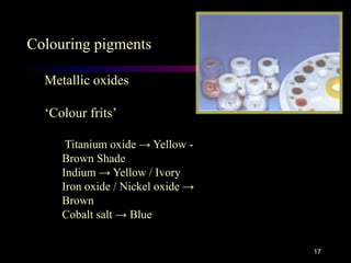 17
Colouring pigments
Metallic oxides
‘Colour frits’
Titanium oxide → Yellow -
Brown Shade
Indium → Yellow / Ivory
Iron oxide / Nickel oxide →
Brown
Cobalt salt → Blue
 