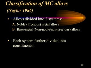 Classification of MC alloys
(Naylor 1986)
• Alloys divided into 2 systems:
A. Noble (Precious) metal alloys
B. Base-metal (Non-noble/non-precious) alloys
• Each system further divided into
constituents :
68
 