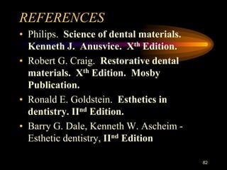 REFERENCES
• Philips. Science of dental materials.
Kenneth J. Anusvice. Xth Edition.
• Robert G. Craig. Restorative dental
materials. Xth Edition. Mosby
Publication.
• Ronald E. Goldstein. Esthetics in
dentistry. IInd Edition.
• Barry G. Dale, Kenneth W. Ascheim -
Esthetic dentistry, IInd Edition
82
 