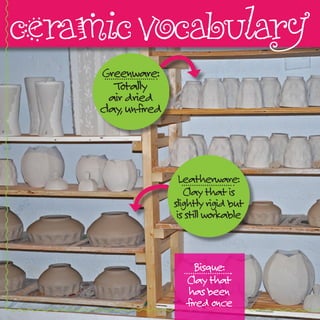 ceramic vocabulary
     Greenware:
        Totally
       air dried
     clay, unfired




                       Leatherware:
                        Clay that is
                     slightly rigid but
                      is still workable



                          Bisque:
                        Clay that
                         has been
                        fired once
 
