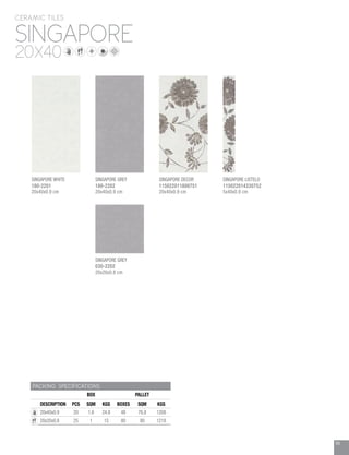 99
SINGAPORE
CERAMIC TILES
20X40
PACKING SPECIFICATIONS
BOX PALLET
DESCRIPTION PCS SQM KGS BOXES SQM KGS
20x40x0.9 20 1.6 24.8 48 76.8 1208
20x20x0.8 25 1 15 80 80 1218
SINGAPORE WHITE
180-2201
20x40x0.9 cm
SINGAPORE GREY
030-2202
20x20x0.8 cm
SINGAPORE GREY
180-2202
20x40x0.9 cm
SINGAPORE DECOR
115022011800751
20x40x0.9 cm
SINGAPORE LISTELO
115022014330752
5x40x0.9 cm
 