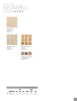 115
INSTANBUL
CERAMIC TILES
20X20
PACKING SPECIFICATIONS
BOX PALLET
DESCRIPTION PCS SQM KGS BOXES SQM KGS
20x20x0.8 25 1 15 80 80 1218
INSTANBUL BEIGE
030-0685
20x20x0.8 cm
INSTANBUL BEIGE D
030-0648
20x20x0.8 cm
INSTANBUL ORANGE D
030-0649
20x20x0.8 cm
INSTANBUL BEIGE LISTELO
115006482800333
6x20x0.8 cm
 