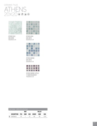 117
ATHENS
CERAMIC TILES
20X20
PACKING SPECIFICATIONS
BOX PALLET
DESCRIPTION PCS SQM KGS BOXES SQM KGS
20x20x0.8 25 1 15 80 80 1218
ATHENS AQUA
030-0674
20x20x0.8 cm
ATHENS MARINE
030-0675
20x20x0.8 cm
ATHENS BLUE
030-0494
20x20x0.8 cm
ATHENS MARINE LISTELO
115006740200357
10x20x0.8 cm
 