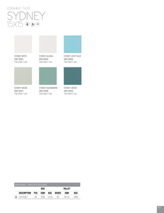 123
SYDNEY
CERAMIC TILES
15X15
PACKING SPECIFICATIONS
BOX PALLET
DESCRIPTION PCS SQM KGS BOXES SQM KGS
15x15x0.7 44 0.99 12.54 85 84.15 1084
SYDNEY ALASKA
290-0003
15x15x0.7 cm
SYDNEY LIGHT BLUE
290-0004
15x15x0.7 cm
SYDNEY GREEN
290-0035
15x15x0.7 cm
SYDNEY AQUAMARINE
290-0036
15x15x0.7 cm
SYDNEY NACRE
290-0041
15x15x0.7 cm
SYDNEY WHITE
290-0001
15x15x0.7 cm
 