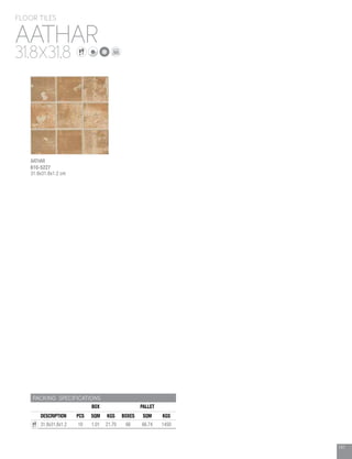 141
AATHAR
FLOOR TILES
31.8X31.8
PACKING SPECIFICATIONS
BOX PALLET
DESCRIPTION PCS SQM KGS BOXES SQM KGS
31.8x31.8x1.2 10 1.01 21.70 66 66.74 1450
AATHAR
610-5227
31.8x31.8x1.2 cm
 