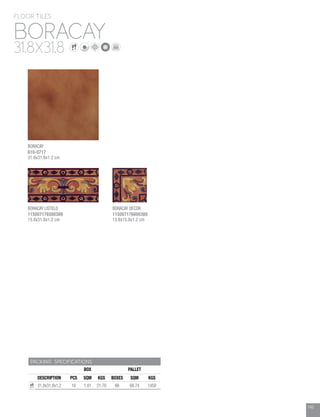 145
PACKING SPECIFICATIONS
BOX PALLET
DESCRIPTION PCS SQM KGS BOXES SQM KGS
31.8x31.8x1.2 10 1.01 21.70 66 66.74 1450
BORACAY
FLOOR TILES
31.8X31.8
145
BORACAY
610-0717
31.8x31.8x1.2 cm
BORACAY LISTELO
115007176500389
15.8x31.8x1.2 cm
BORACAY DECOR
115007176600389
15.8x15.8x1.2 cm
 