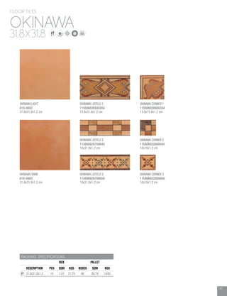 147
PACKING SPECIFICATIONS
BOX PALLET
DESCRIPTION PCS SQM KGS BOXES SQM KGS
31.8x31.8x1.2 10 1.01 21.70 66 66.74 1450
OKINAWA
FLOOR TILES
31.8X31.8
OKINAWA LIGHT
610-0602
31.8x31.8x1.2 cm
OKINAWA DARK
610-0603
31.8x31.8x1.2 cm
OKINAWA LISTELO 1
115006026500284
15.8x31.8x1.2 cm
OKINAWA LISTELO 2
115006026700645
10x31.8x1.2 cm
OKINAWA LISTELO 3
115006026700650
10x31.8x1.2 cm
OKINAWA CORNER 1
115006026600284
15.8x15.8x1.2 cm
OKINAWA CORNER 2
115006022600645
10x10x1.2 cm
OKINAWA CORNER 3
115006022600650
10x10x1.2 cm
 