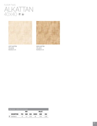 155
PACKING SPECIFICATIONS
BOX PALLET
DESCRIPTION PCS SQM KGS BOXES SQM KGS
40x40x0.9 10 1.6 25.8 48 76.8 1256
ALKATTAN
FLOOR TILES
40X40
155155
LIGHT ALKATTAN
170-4310
40x40x0.9 cm
DARK ALKATTAN
170-4311
40x40x0.9 cm
 