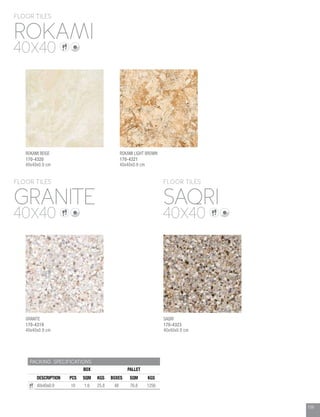 159
PACKING SPECIFICATIONS
BOX PALLET
DESCRIPTION PCS SQM KGS BOXES SQM KGS
40x40x0.9 10 1.6 25.8 48 76.8 1256
GRANITE SAQRI
ROKAMI
FLOOR TILES FLOOR TILES
FLOOR TILES
40X40 40X40
40X40
159159
SAQRI
170-4323
40x40x0.9 cm
GRANITE
170-4319
40x40x0.9 cm
ROKAMI BEIGE
170-4320
40x40x0.9 cm
ROKAMI LIGHT BROWN
170-4321
40x40x0.9 cm
 