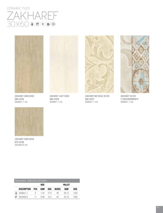 15
ZAKHAREF
CERAMIC TILES
30X60
PACKING SPECIFICATIONS
BOX PALLET
DESCRIPTION PCS SQM KGS BOXES SQM KGS
30x60x1.1 8 1.44 27.8 48 69.12 1350
30x30x0.9 11 0.99 16.3 84 83.16 1395
ZAKHAREF LIGHT BEIGE
590-4339
30x60x1.1 cm
ZAKHAREF MIX BEIGE DECOR
590-4337
30x60x1.1 cm 
ZAKHAREF DECOR
115043405900974
30x60x1.1 cm
ZAKHAREF DARK BEIGE
070-4338
30x30x0.9 cm
ZAKHAREF DARK BEIGE
590-4338
30x60x1.1 cm
 