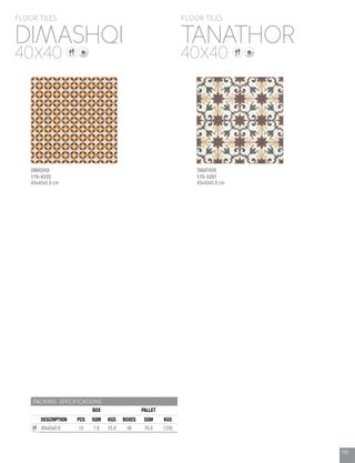 169
PACKING SPECIFICATIONS
BOX PALLET
DESCRIPTION PCS SQM KGS BOXES SQM KGS
40x40x0.9 10 1.6 25.8 48 76.8 1256
TANATHORDIMASHQI
FLOOR TILESFLOOR TILES
40X4040X40
169
TANATHOR
170-5201
40x40x0.9 cm
DIMASHQI
170-4325
40x40x0.9 cm
 