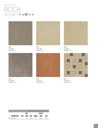 191
ROCK
FLOOR TILES
40X40
PACKING SPECIFICATIONS
BOX PALLET
DESCRIPTION PCS SQM KGS BOXES SQM KGS
40x40x2.0 7 1.12 37.59 26 29.12 995
ROCK
170-5913
40x40x2.0 cm
191
ROCK
170-5501
40x40x2.0 cm
ROCK
170-5497
40x40x2.0 cm
ROCK
170-5502
40x40x2.0 cm
ROCK
170-5498
40x40x2.0 cm
ROCK
170-0717
40x40x2.0 cm
 