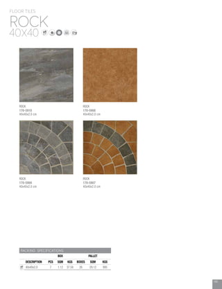 195
PACKING SPECIFICATIONS
BOX PALLET
DESCRIPTION PCS SQM KGS BOXES SQM KGS
40x40x2.0 7 1.12 37.59 26 29.12 995
ROCK
FLOOR TILES
40X40
ROCK
170-5910
40x40x2.0 cm
ROCK
170-5909
40x40x2.0 cm
ROCK
170-5908
40x40x2.0 cm
ROCK
170-5907
40x40x2.0 cm
 